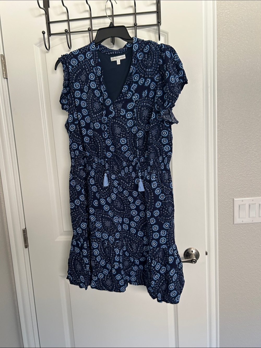 Sandra Darren Navy Blue Printed V-Neck Tassel Dress